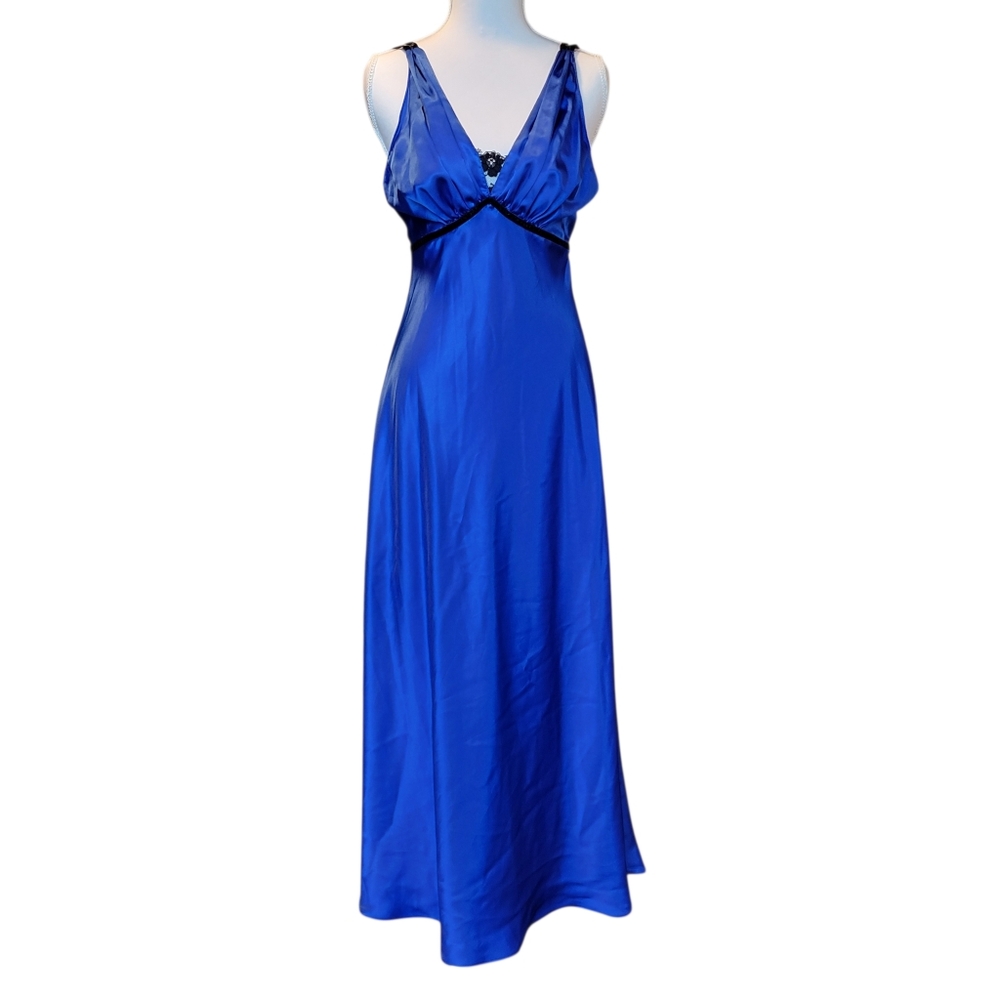 Long Satin V-Neck Chemise in Cobalt Blue